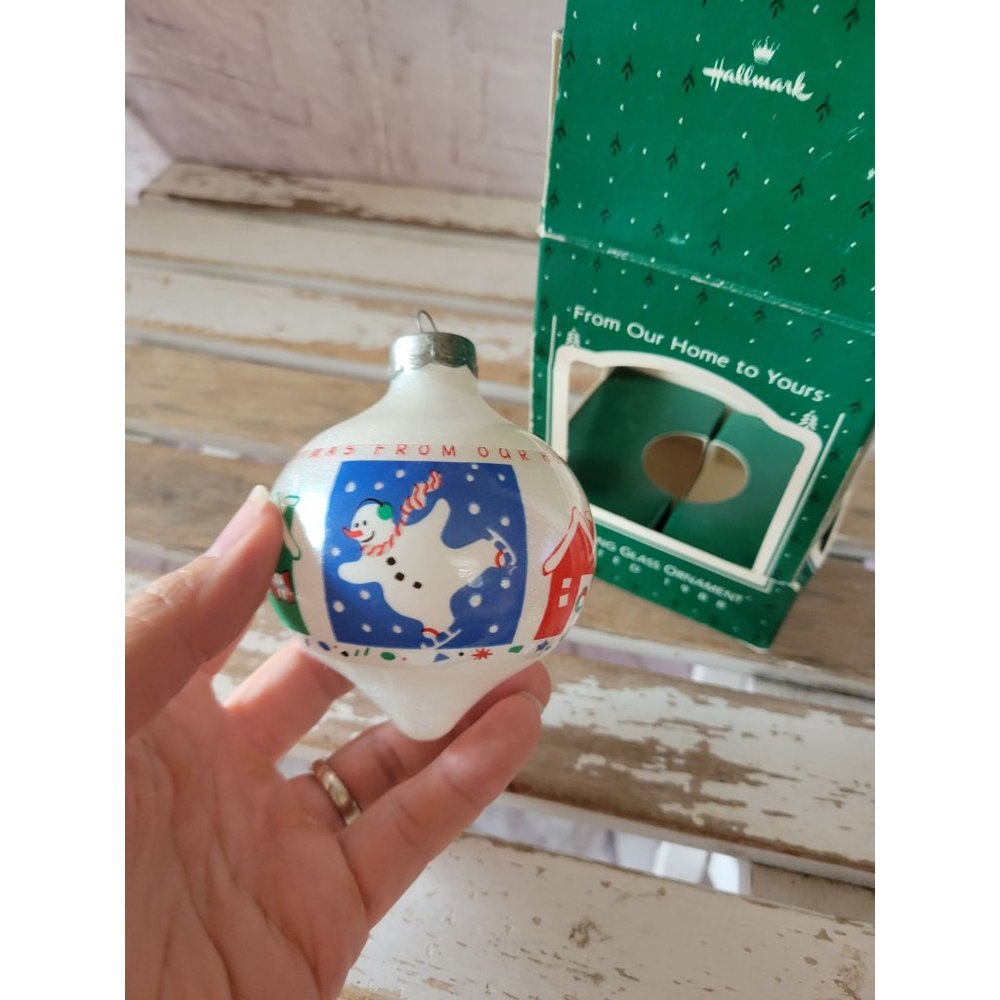 Hallmark sparkling glass 1988 snowman house‎ ornament Xmas holiday tree vintage